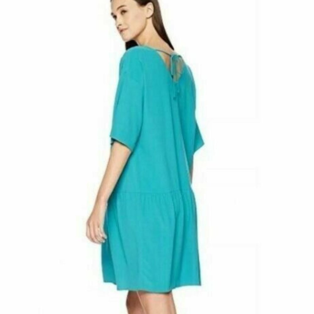 Eileen Fisher $268 Tencel Viscose Crepe V Neck Short Dress Turquoise XXS NWT